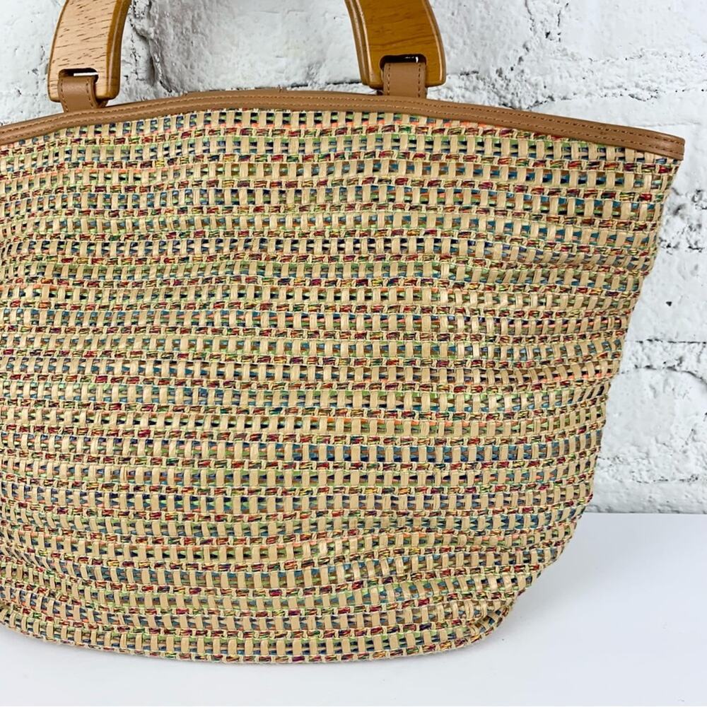 Fossil Vintage Wooden Handle Rainbow Multicolored Woven Rattan Straw Tote - Picture 3 of 15